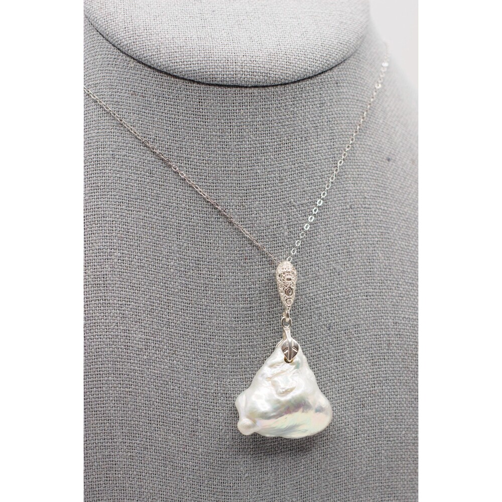 White Huge Baroque Pearl Pendant Statement Sterling Silver Necklace - Picture 8 of 15
